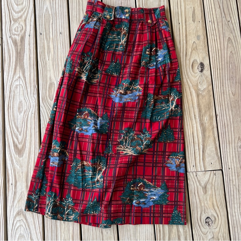 Vintage red plaid skirt hunting scenes red maxi skirt 8 S 26" waist